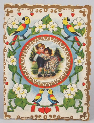 Diese Gru&szlig;karte f&uuml;r Valentin ist gefaltet, hat ein buntes Papageienmotiv auf der Vorderseite und innenseitig ein Liebesgdicht.